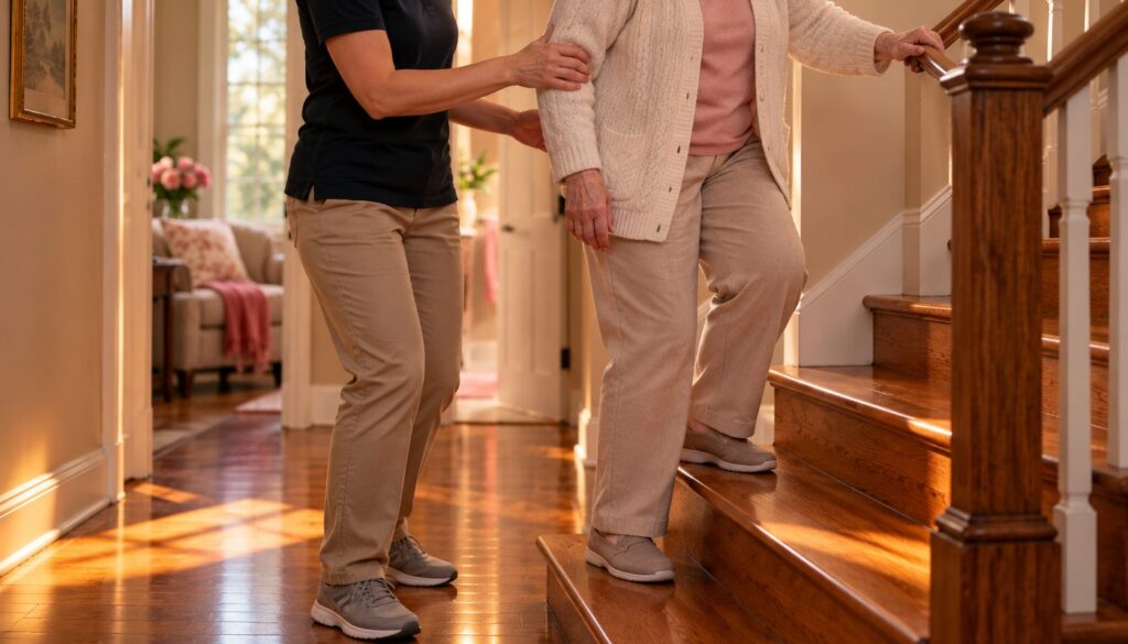 A physiotherapist supports an older adult as she climbs the stairs at home using the railing