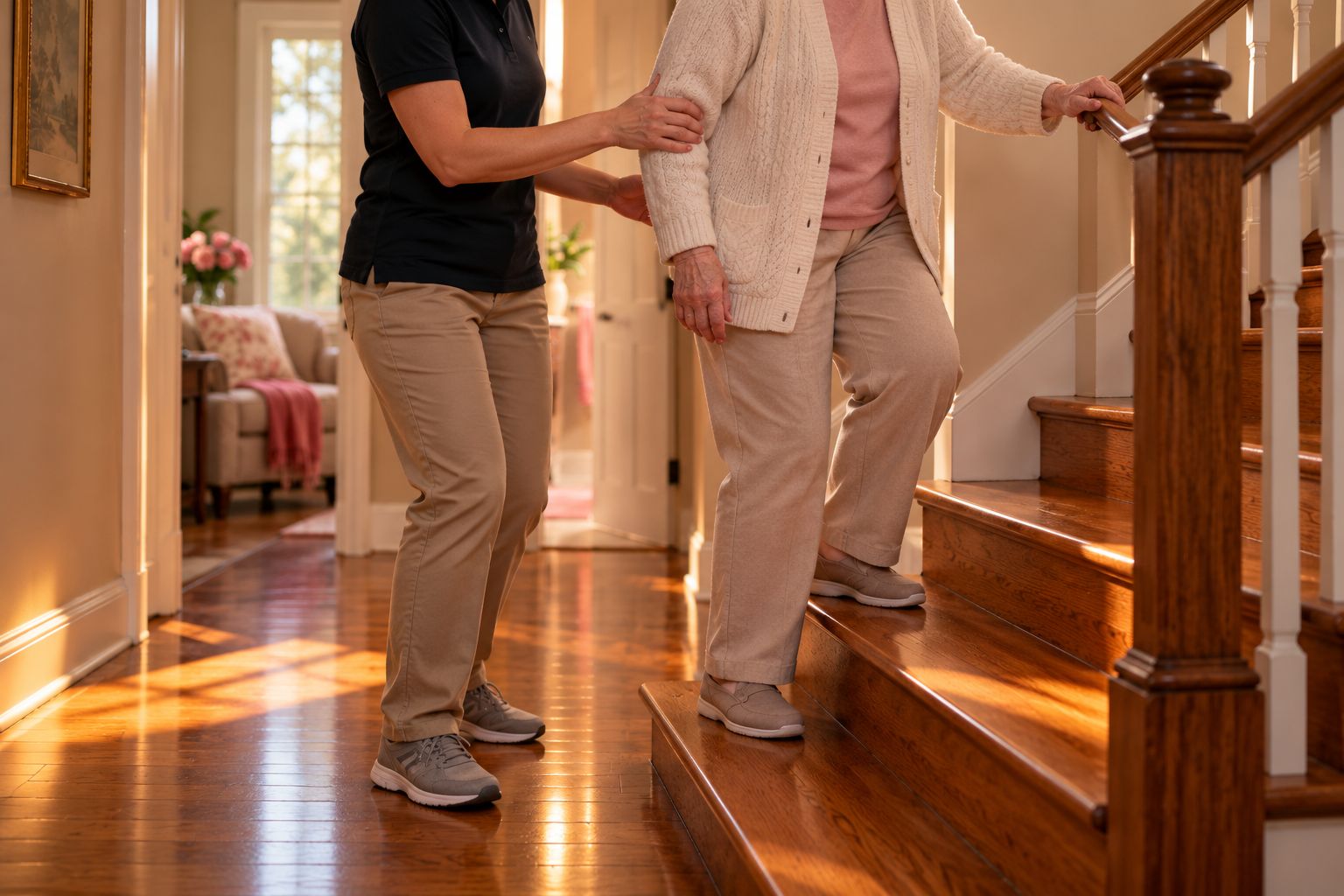 A physiotherapist supports an older adult as she climbs the stairs at home using the railing