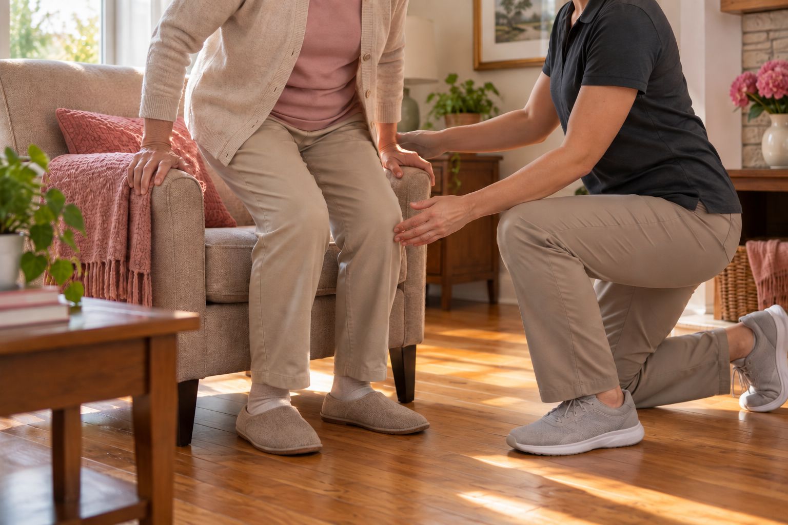 An older adult practises standing up from an armchair with a physiotherapist's support at home