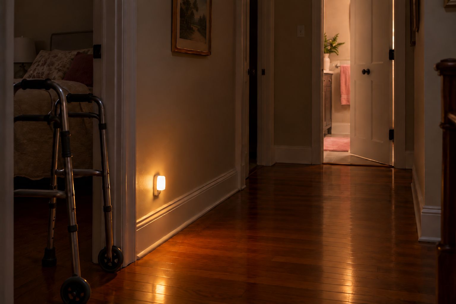 A nightlit hallway leading from a bedroom to the bathroom, with a walker beside the door