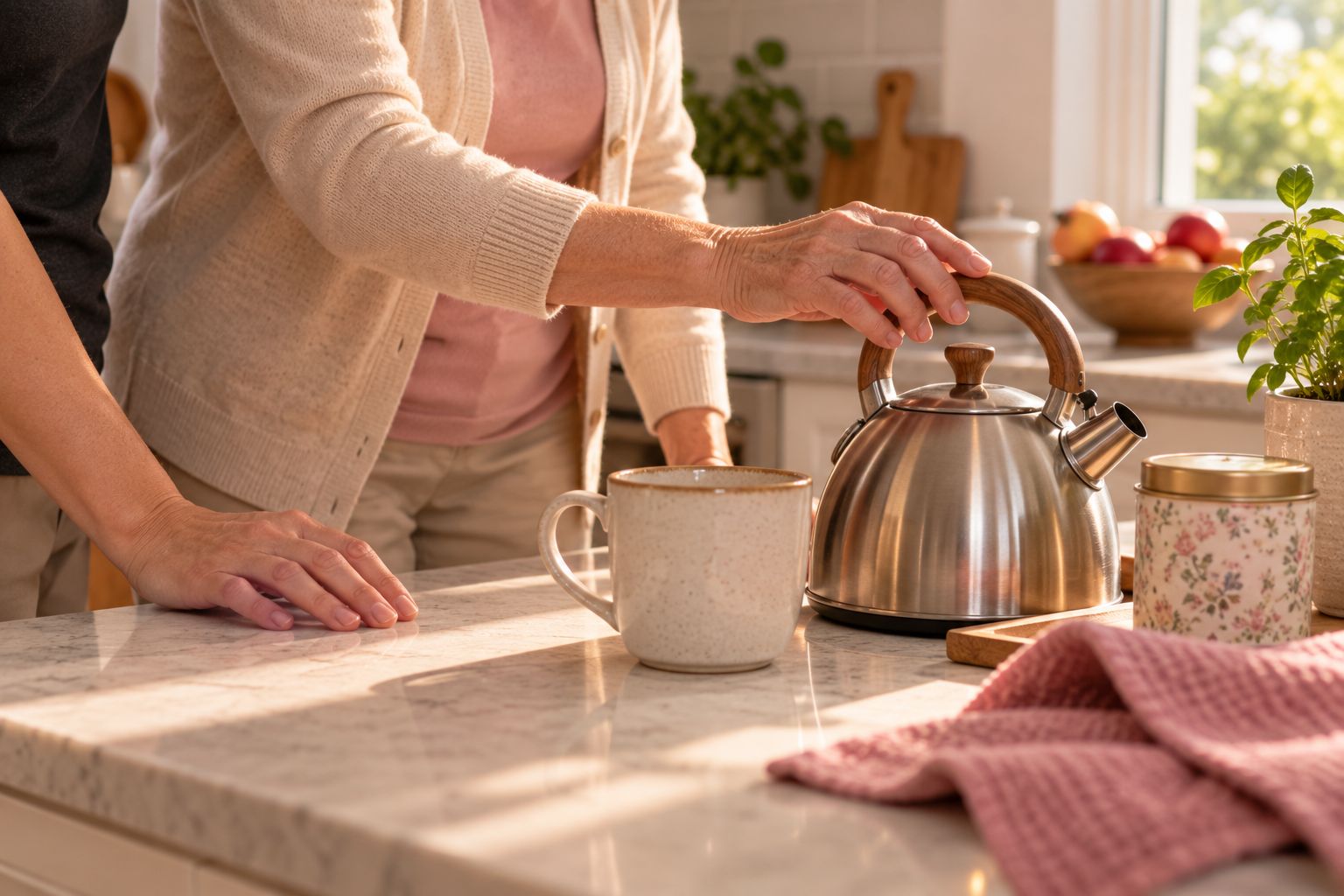 An older adult reaches for a kettle while a family member's hand rests nearby